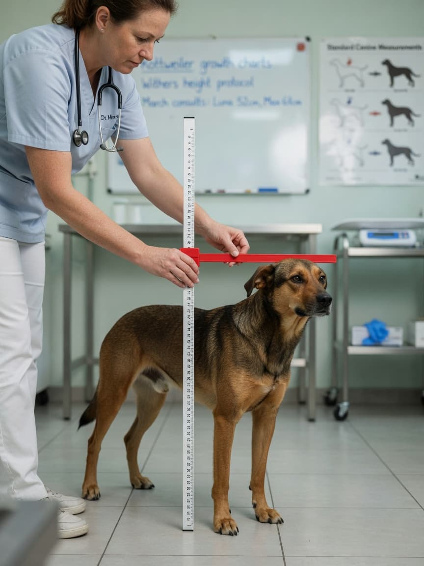 Veterinarian measuring a dog's height at the withers using a measuring stick on a hard floor