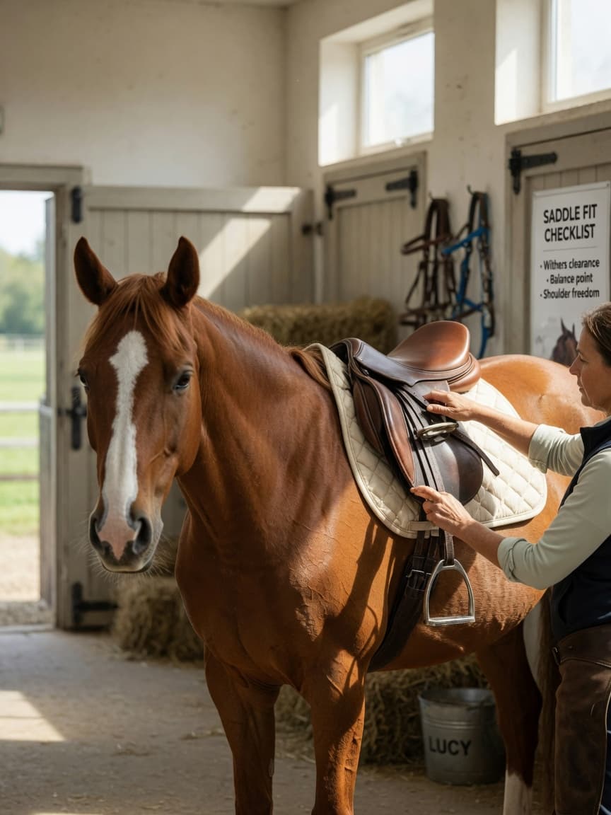 Equestrian handler properly positioning a saddle on a chestnut horse's back in a stable setting