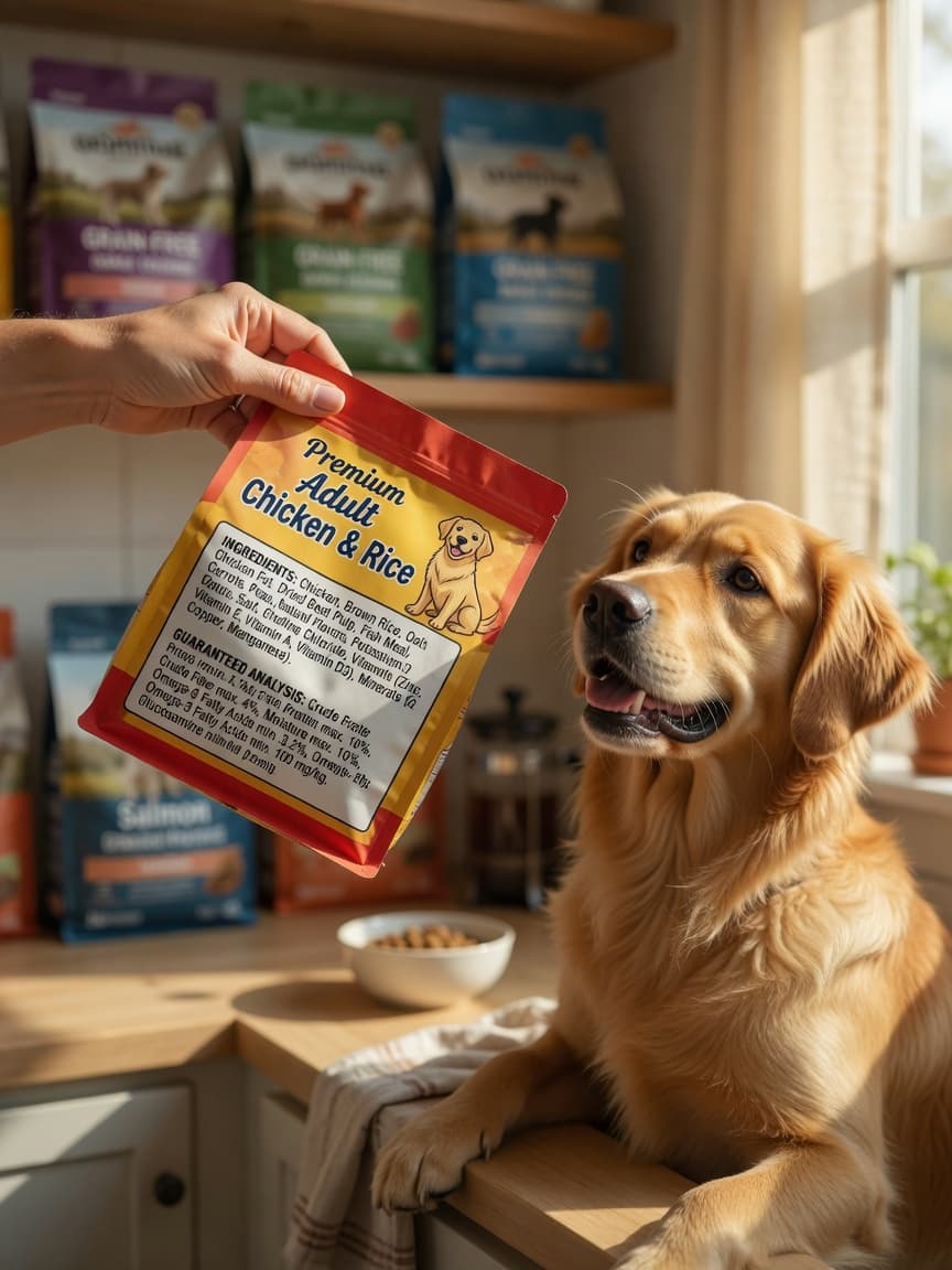Dog owner reading a dog food label closely while their golden retriever watches attentively in a bright kitchen.