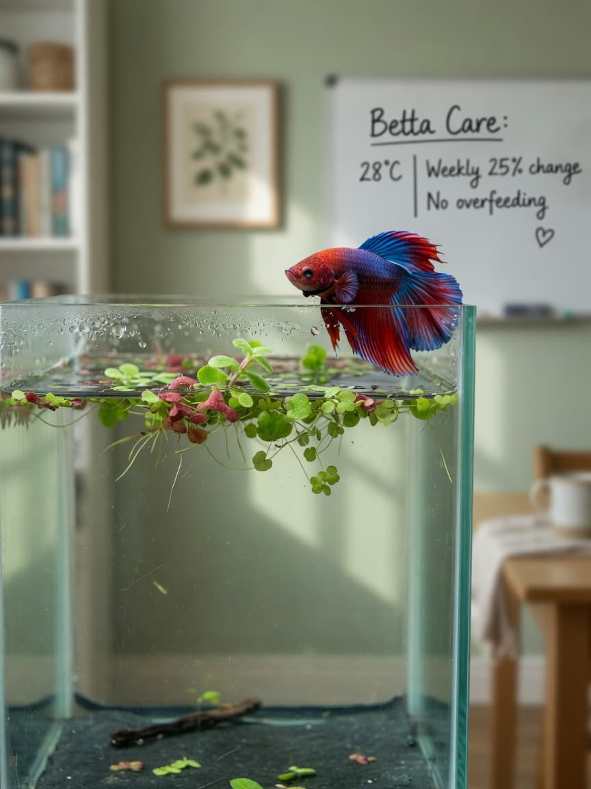 Red and blue betta fish at the surface of a well-maintained aquarium with floating plants and clear water