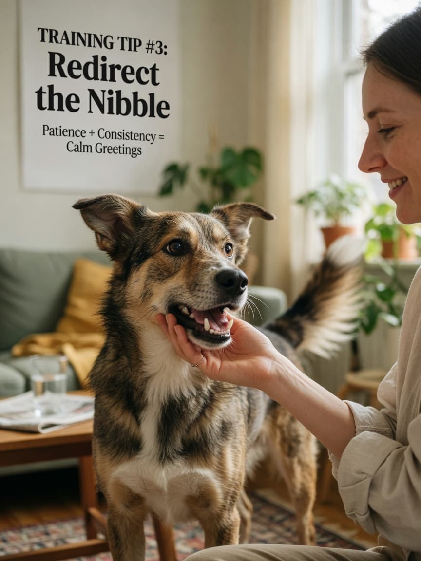 Dog nipping playfully at owner's hand during excited greeting indoors