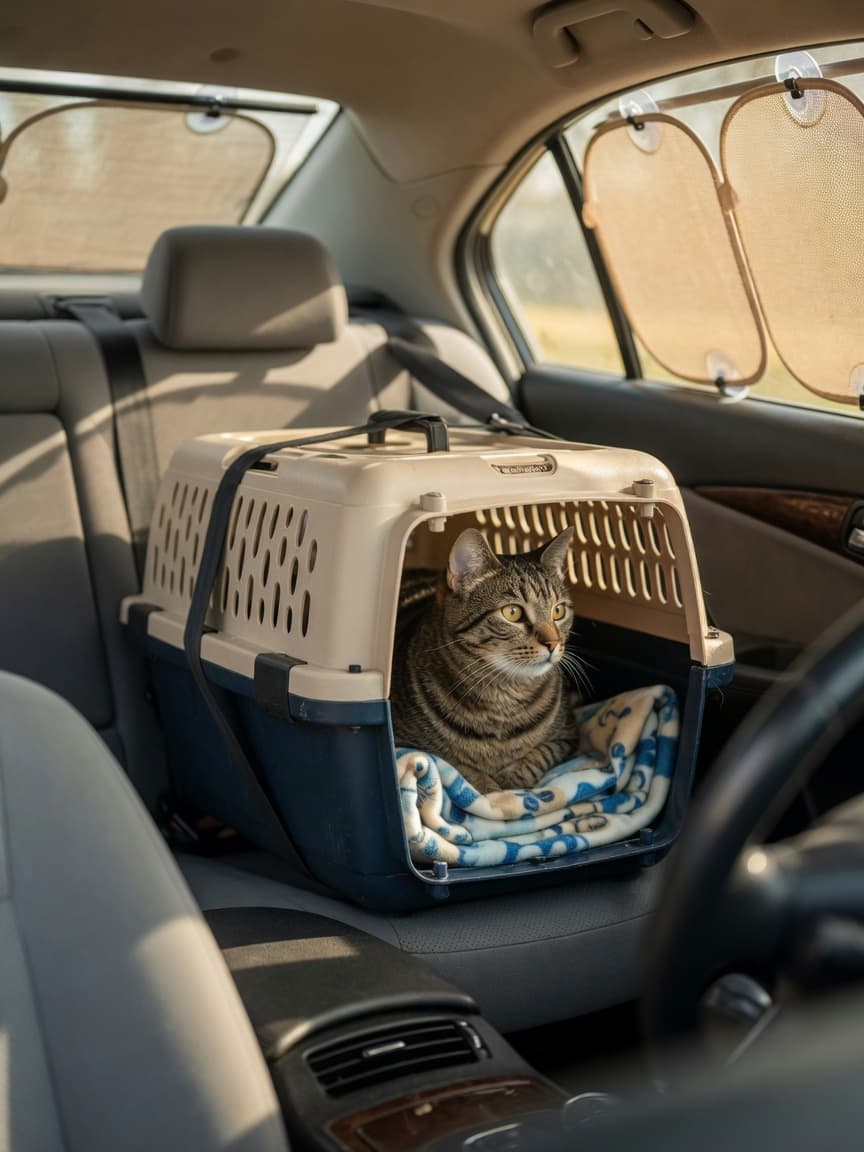 A calm tabby cat secured inside a hard-sided pet carrier with seatbelt in a car, with familiar bedding visible inside