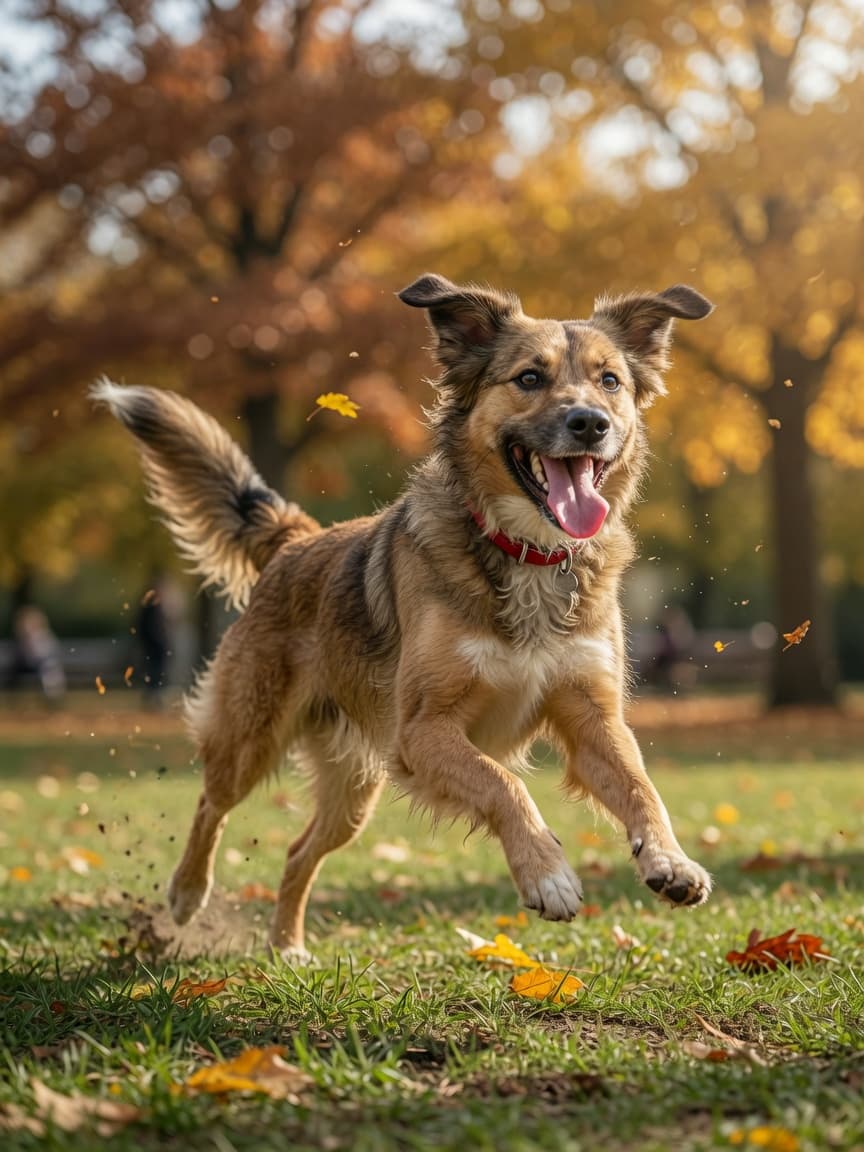 Dog running joyfully toward owner in a sunlit park during recall training