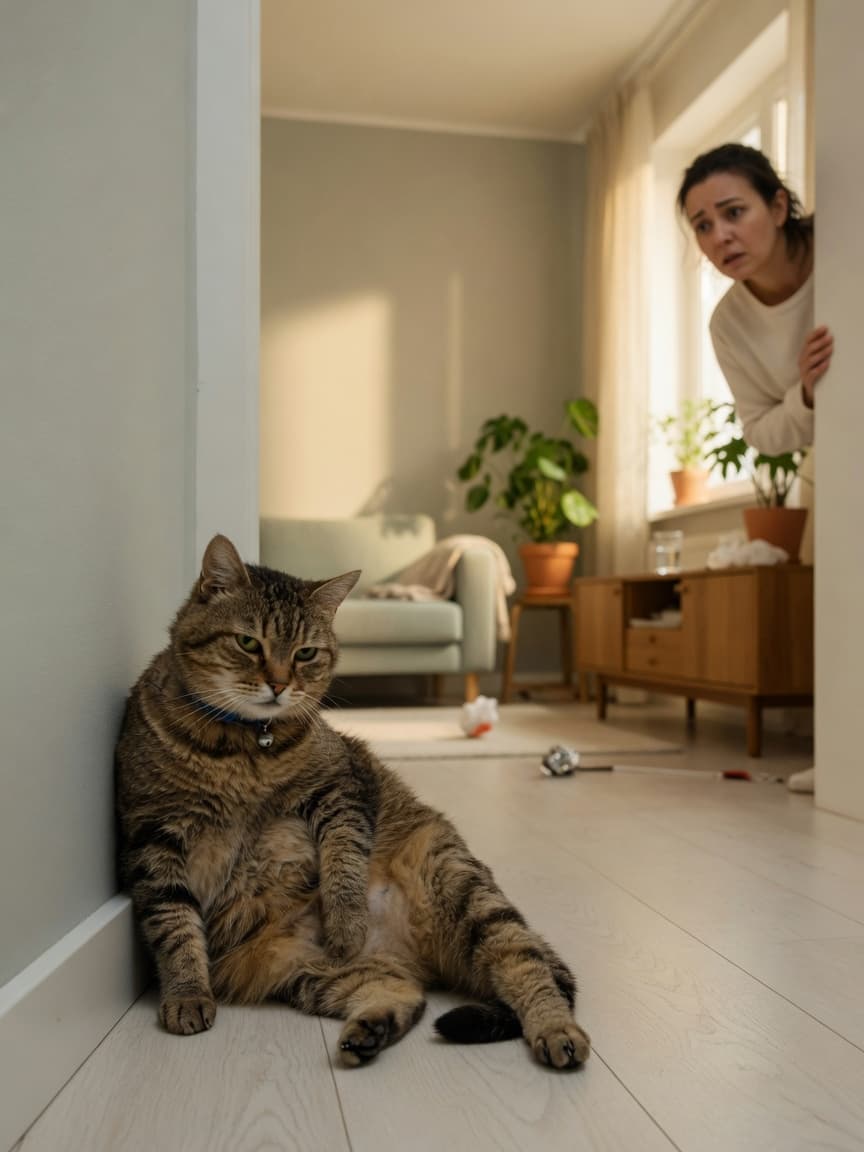 A depressed tabby cat sitting withdrawn in a corner with a blank stare, owner visible in blurred background showing concern