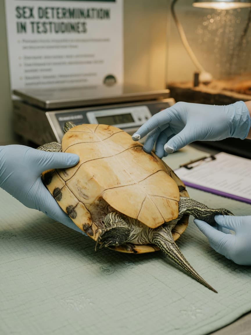 Veterinarian examining a turtle's plastron and tail to determine gender