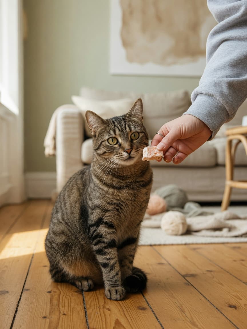 Tabby cat focused on a treat reward during a training session with owner's hand extended
