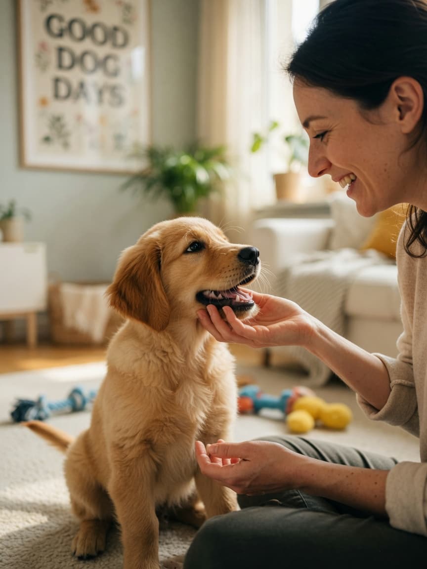 Golden retriever puppy gently mouthing owner's hand during supervised play in a bright living room