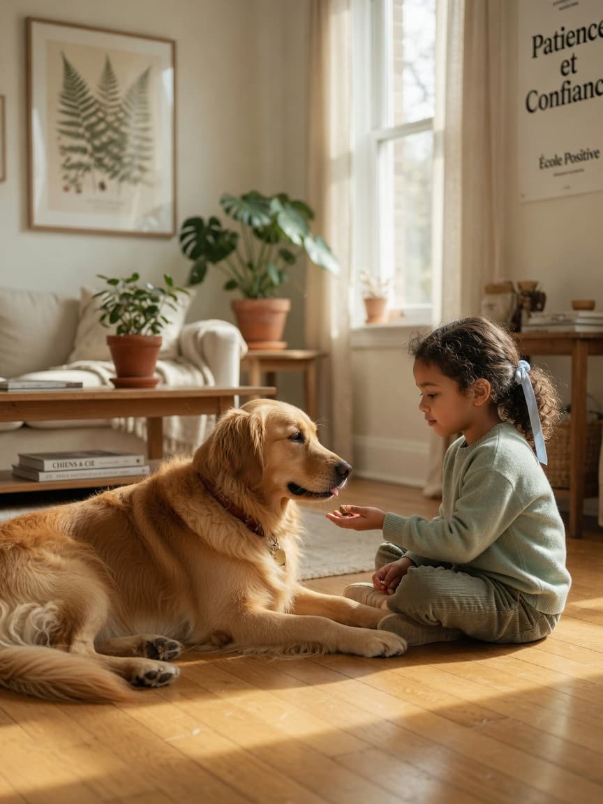 Child safely offering a treat to a calm golden retriever in a sunlit living room, demonstrating positive dog-child interaction