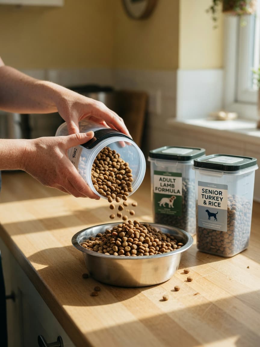 Dog owner carefully mixing two different kibbles in a dog bowl during a food transition