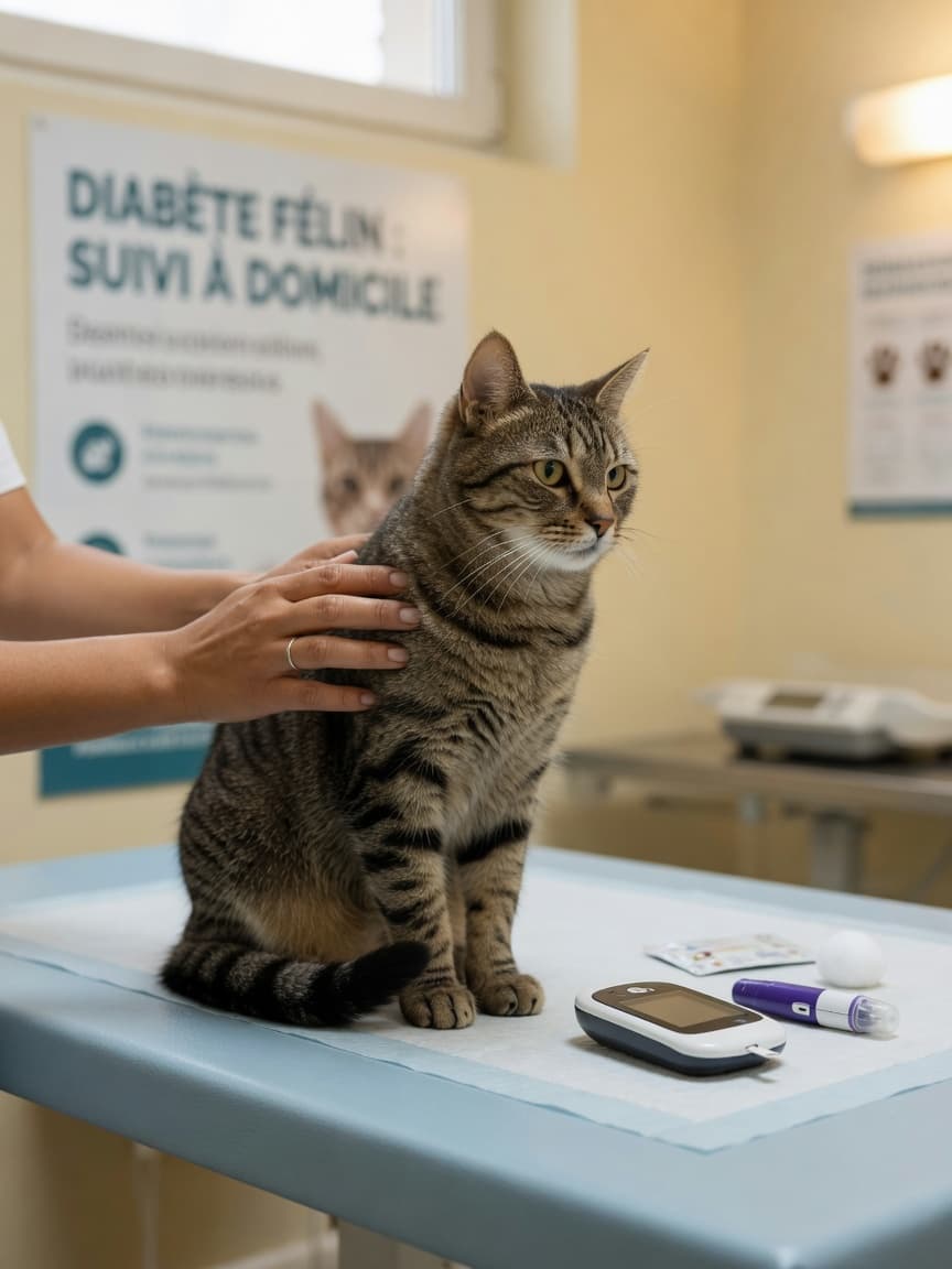 A calm tabby cat on a veterinary examination table with blood glucose monitoring equipment nearby, a veterinarian's hand reassuringly on the cat's shoulder, symbolizing non-insulin diabetes management through veterinary partnership and monitoring.