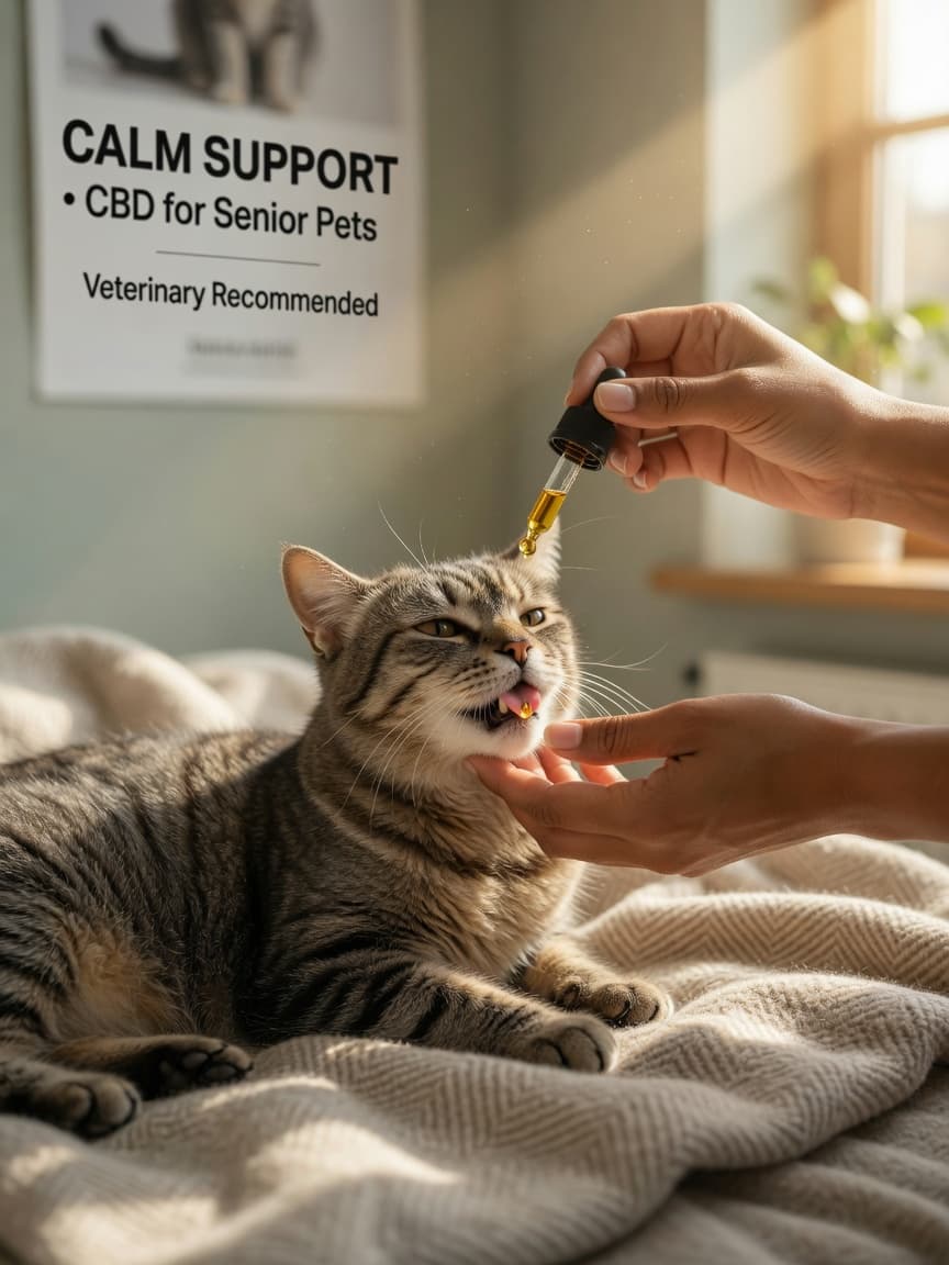 Senior tabby cat receiving CBD oil drops from veterinarian's dropper in warm sunlight