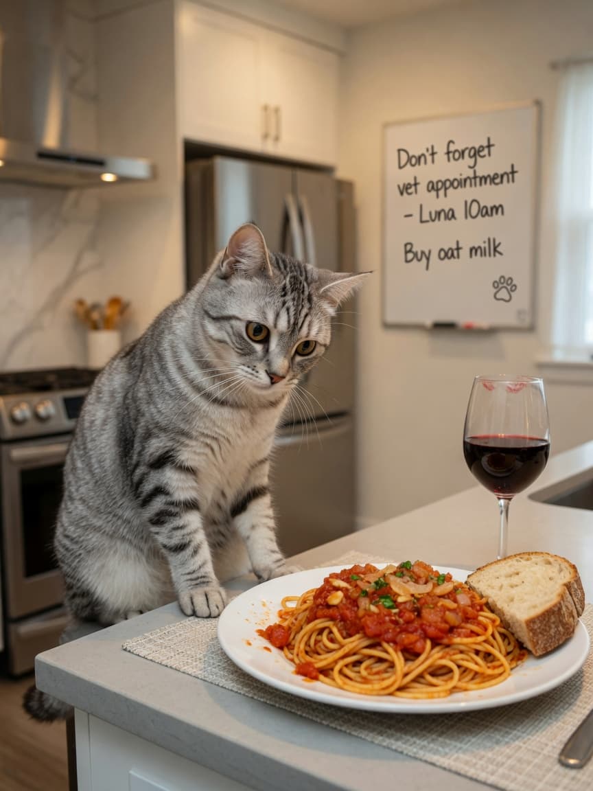 Tabby cat on kitchen counter eyeing a plate of pasta with wine glass, illustrating toxic human foods for cats