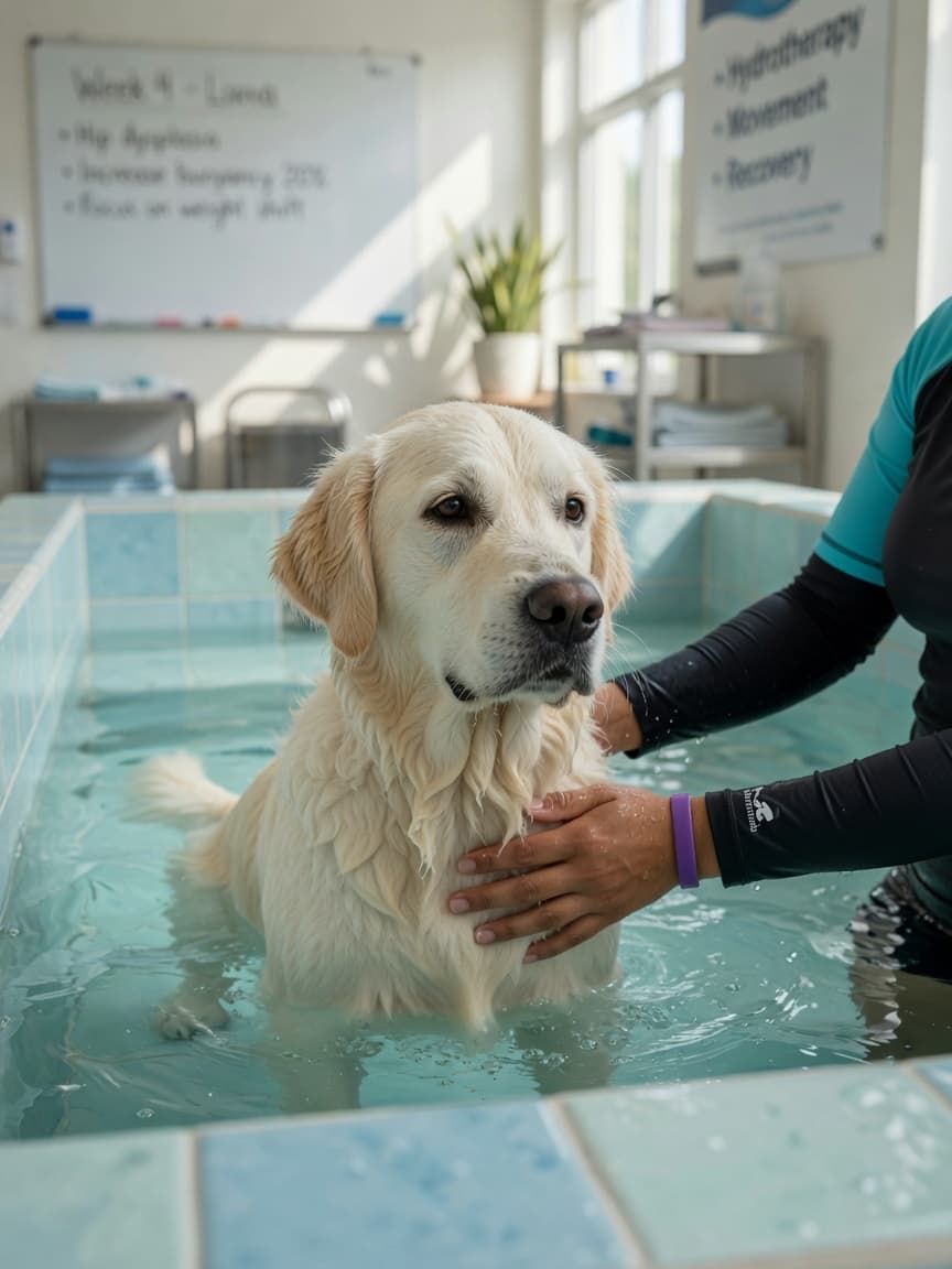 Golden retriever being guided through hydrotherapy pool water by a professional therapist's hands