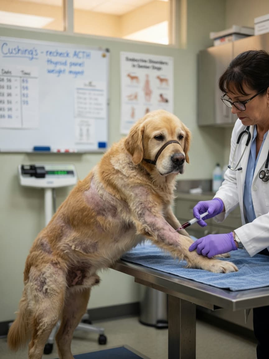 Veterinarian drawing blood from a middle-aged Golden Retriever for thyroid testing; dog shows signs of dull coat and lethargy characteristic of hypothyroidism