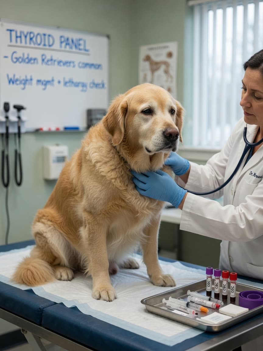 Veterinarian examining the neck of a lethargic middle-aged Golden Retriever during a thyroid examination at a clinic, with blood draw kit visible on the table