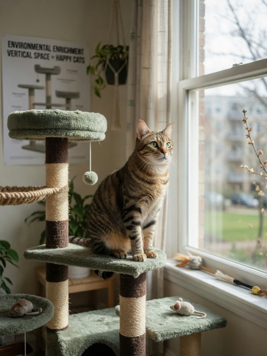 Tabby indoor cat on a multi-level cat tree near a window, demonstrating vertical enrichment and environmental stimulation