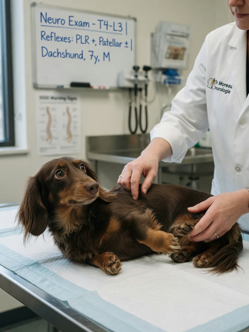 Veterinary neurologist performing spinal and neurological examination on a dachshund with suspected intervertebral disc disease