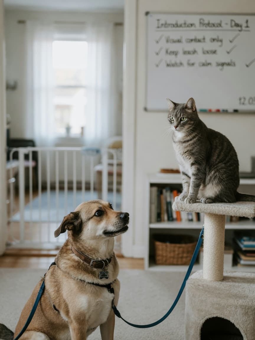 A calm dog on lead and alert resident cat on elevated cat tree meeting through controlled visual contact during introduction protocol