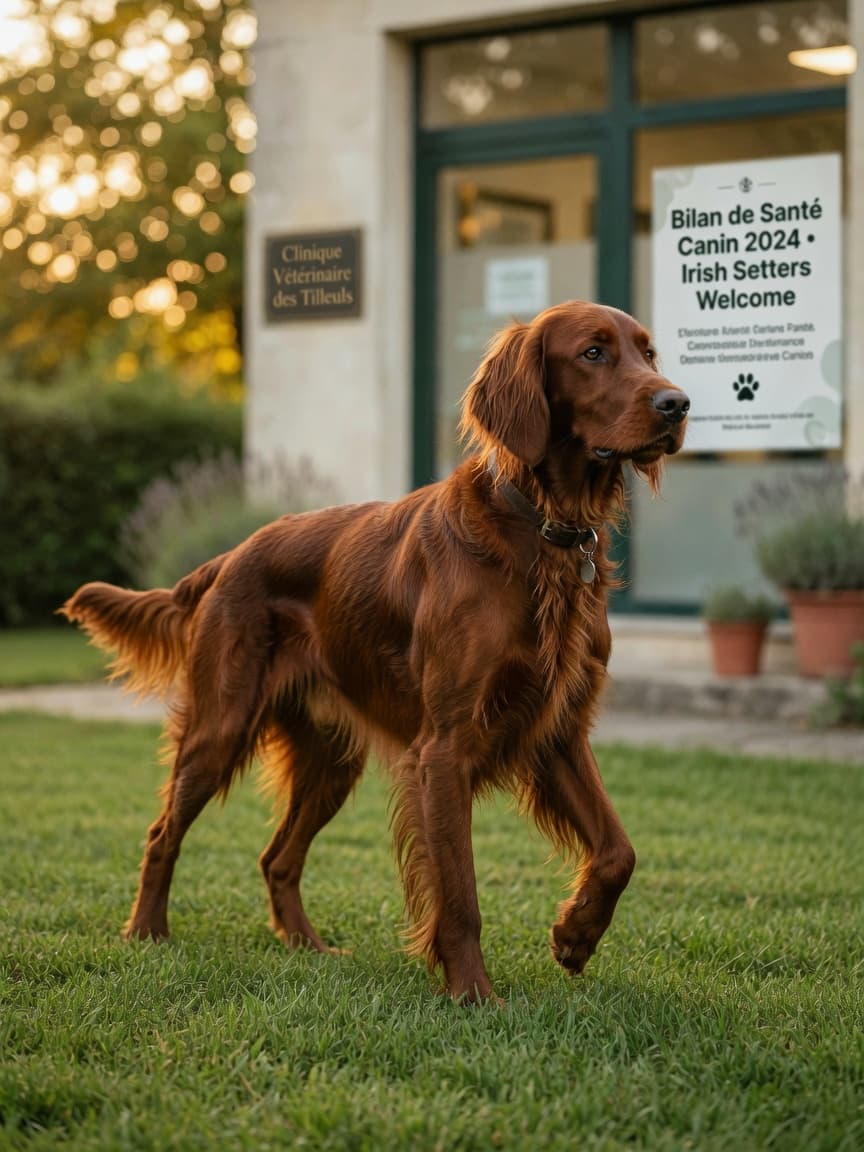 Irish Setter with chestnut coat and athletic build standing outdoors, conveying breed health awareness