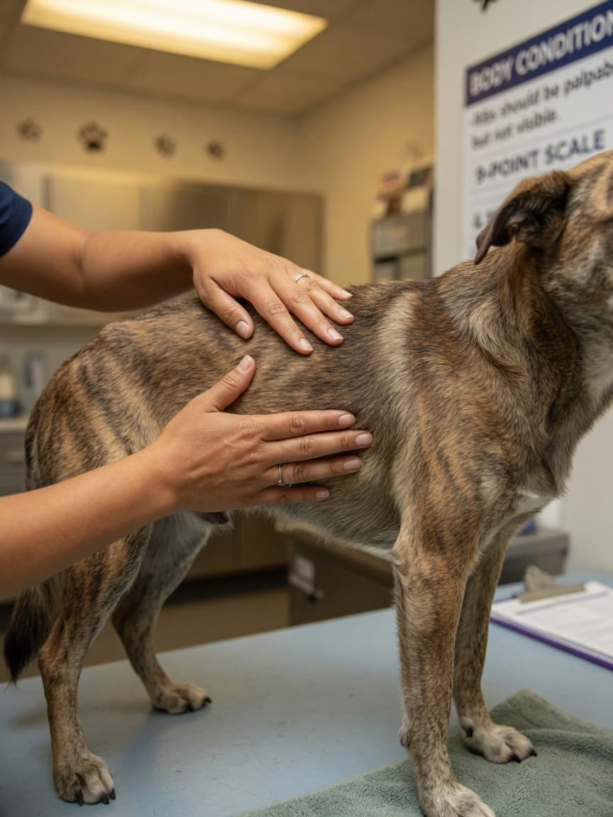 Veterinarian performing rib feel test on dog during body condition assessment