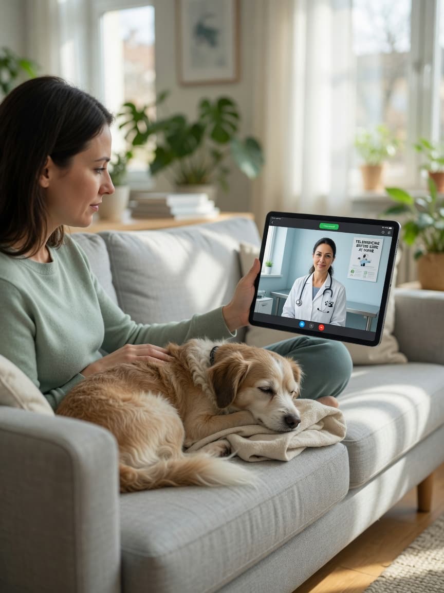 Pet owner on video call with online veterinarian while sitting at home with their relaxed dog