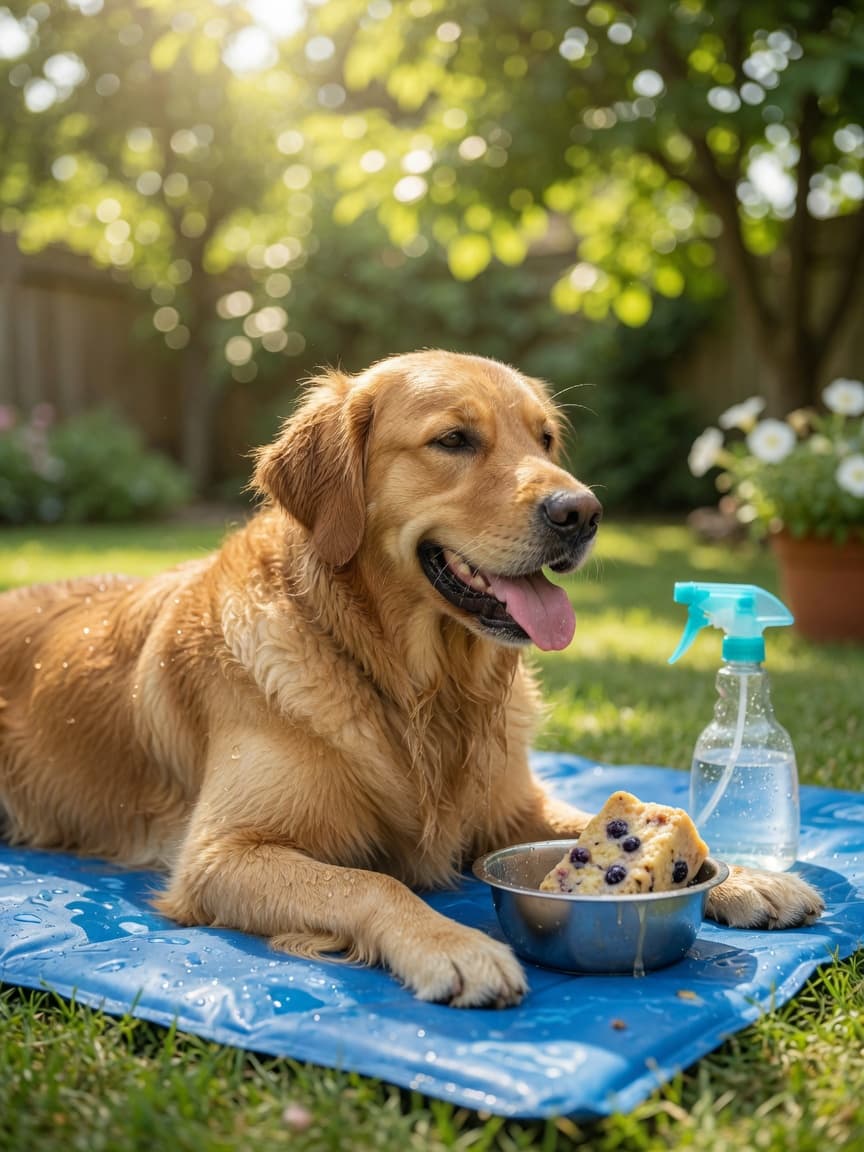 Golden retriever cooling off on a mat during summer heat with water and frozen treats nearby