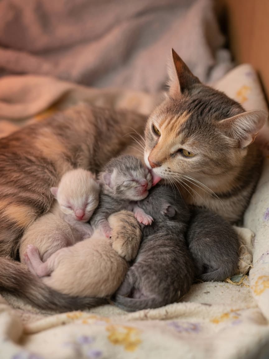 Newborn kitten nestled against mother cat and littermates for warmth, eyes still sealed shut