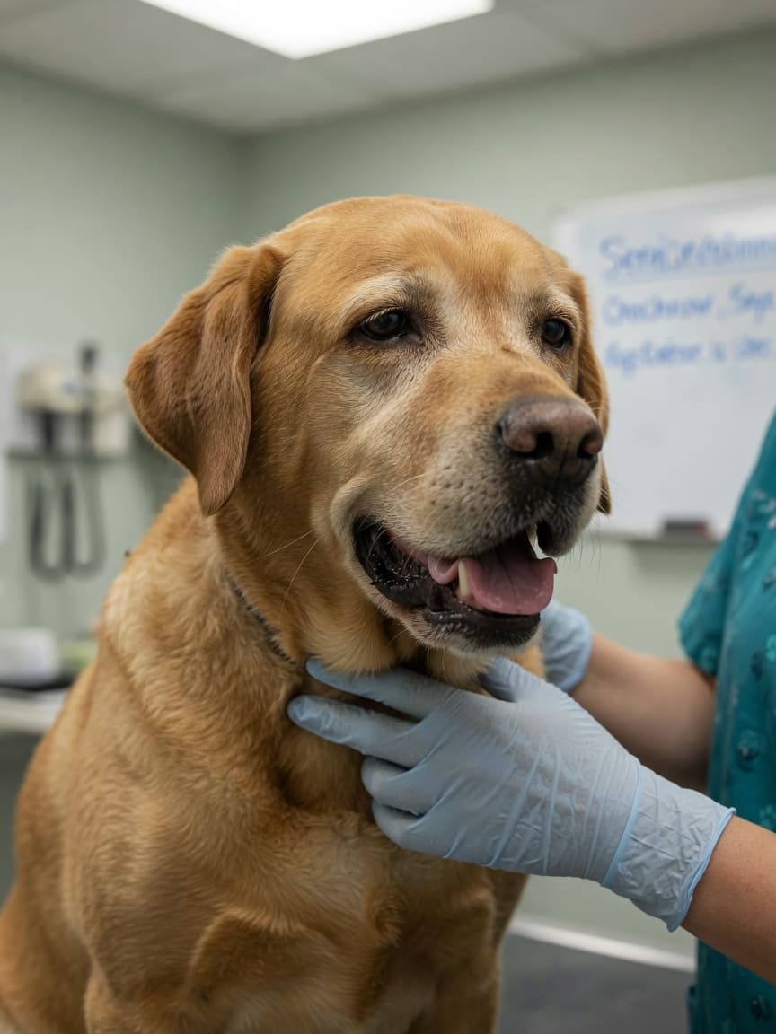 Senior Labrador Retriever breathing with effort while veterinarian examines the dog's throat during laryngeal paralysis assessment