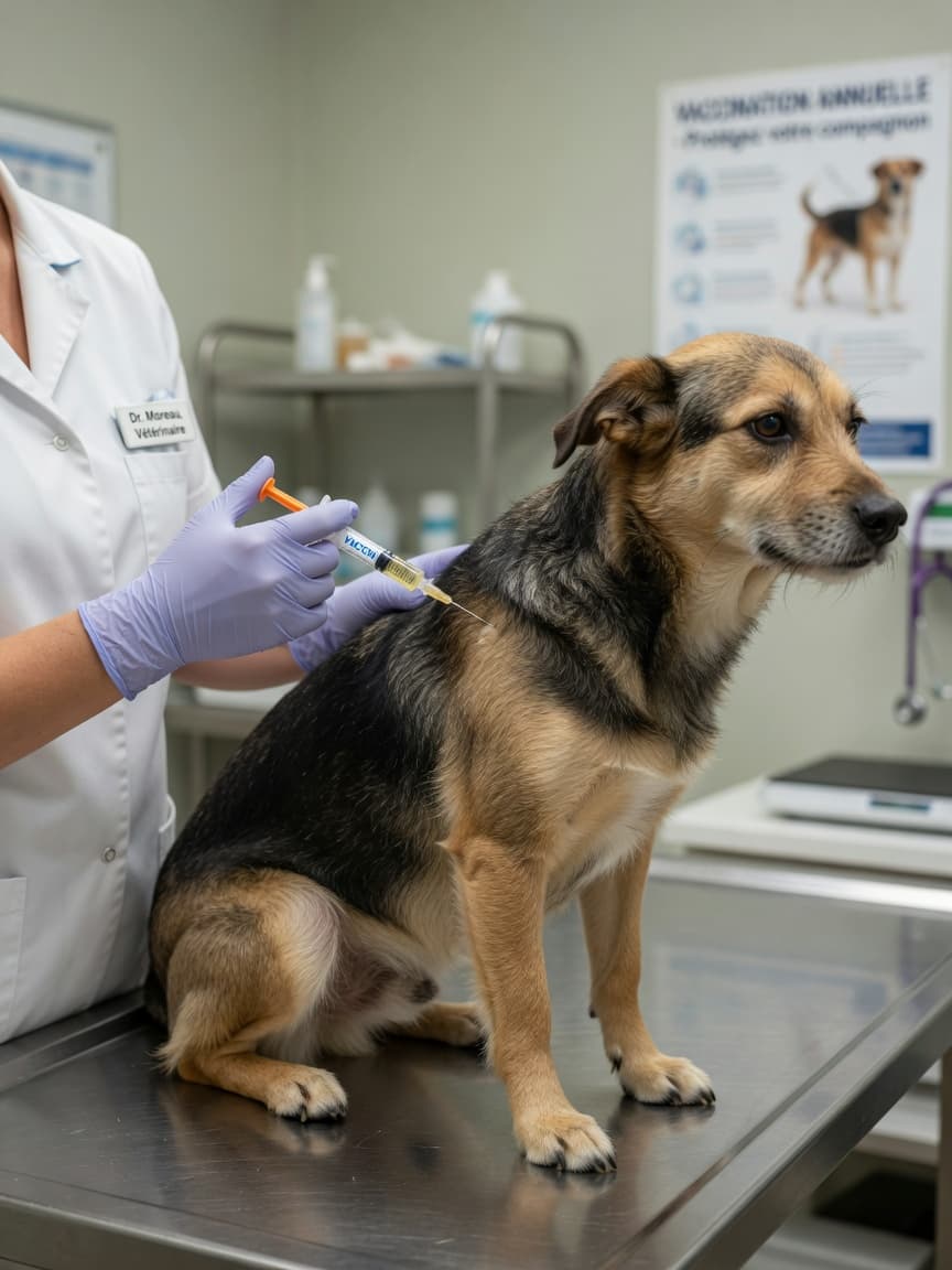 Veterinarian injecting vaccine into a dog's shoulder during vaccination appointment