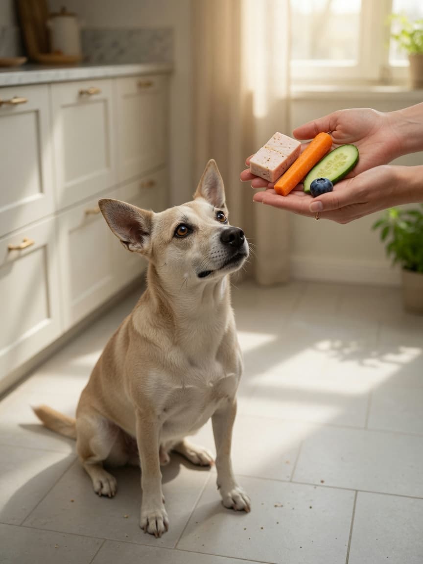 Dog looking up at owner's hands holding various low-calorie treats including chicken, carrot, cucumber and blueberry