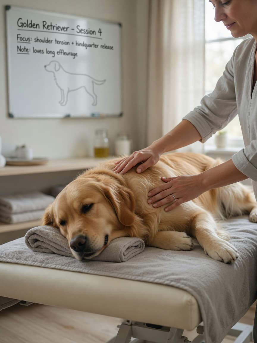Professional canine massage therapist performing gentle effleurage strokes on a relaxed golden retriever's shoulder and back during a therapy session