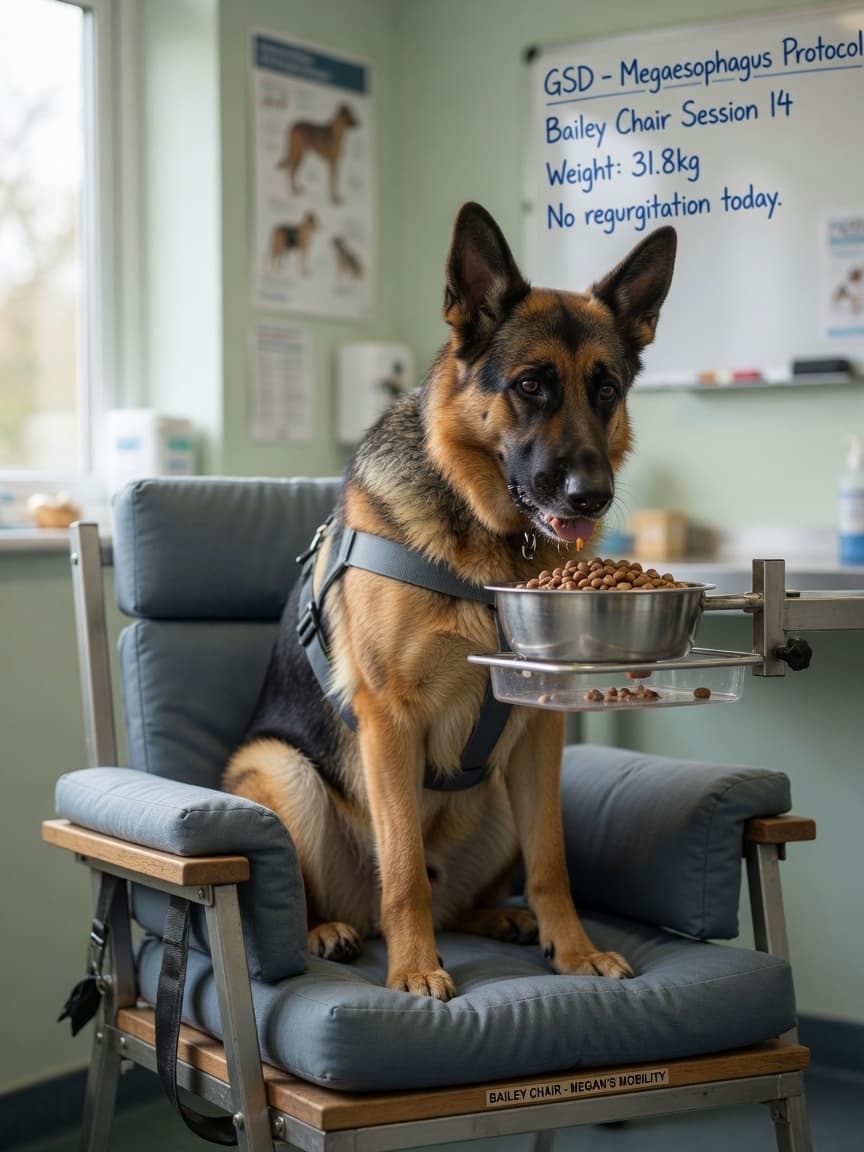 German Shepherd eating from elevated bowl in upright Bailey chair position to manage megaoesophagus