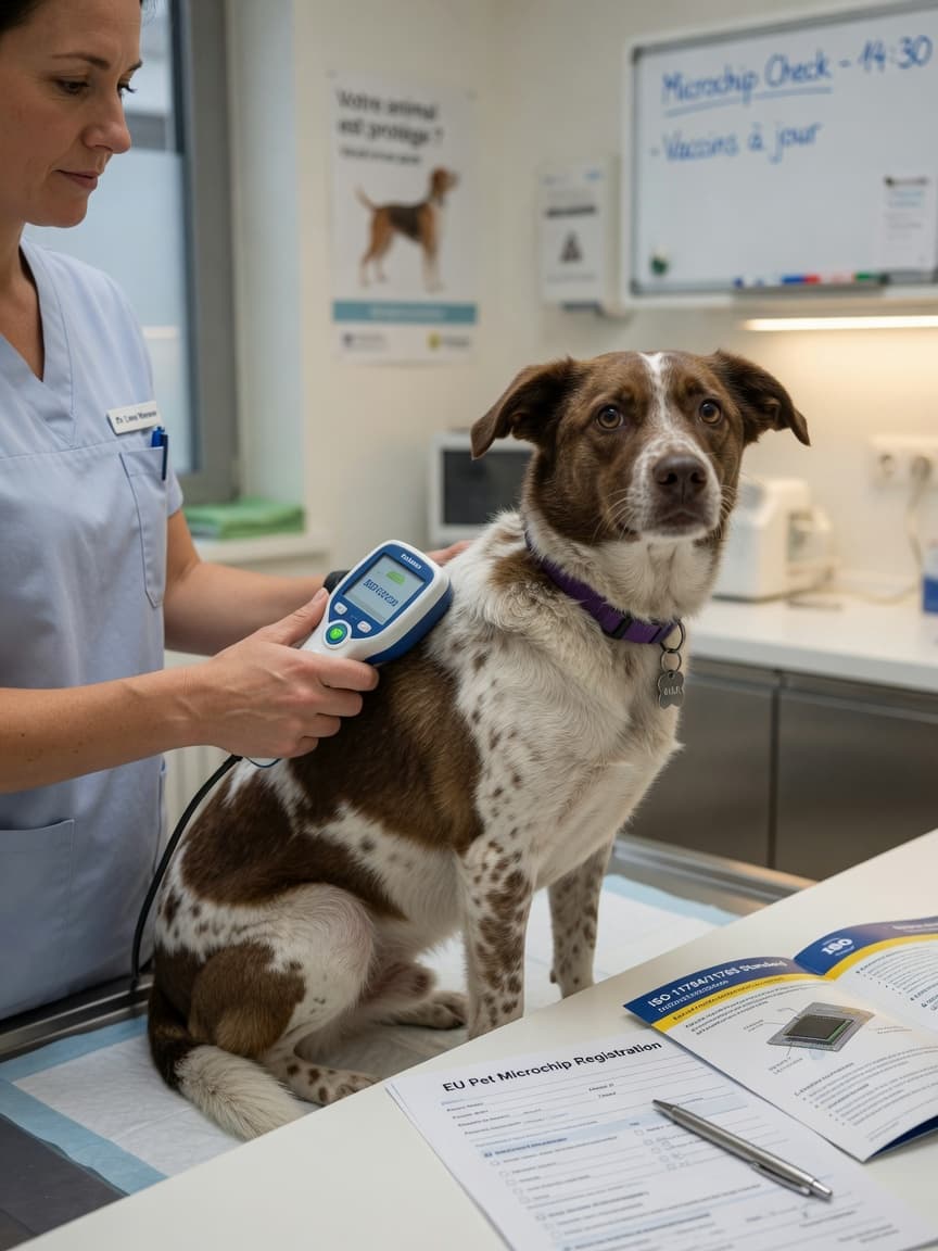 Veterinarian scanning microchip on a dog's shoulder with handheld reader device in modern clinic setting