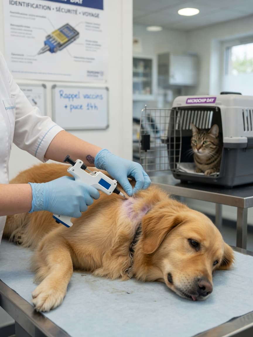 Veterinarian implanting a microchip into a dog's shoulder blade during a clinic procedure, with a cat waiting nearby
