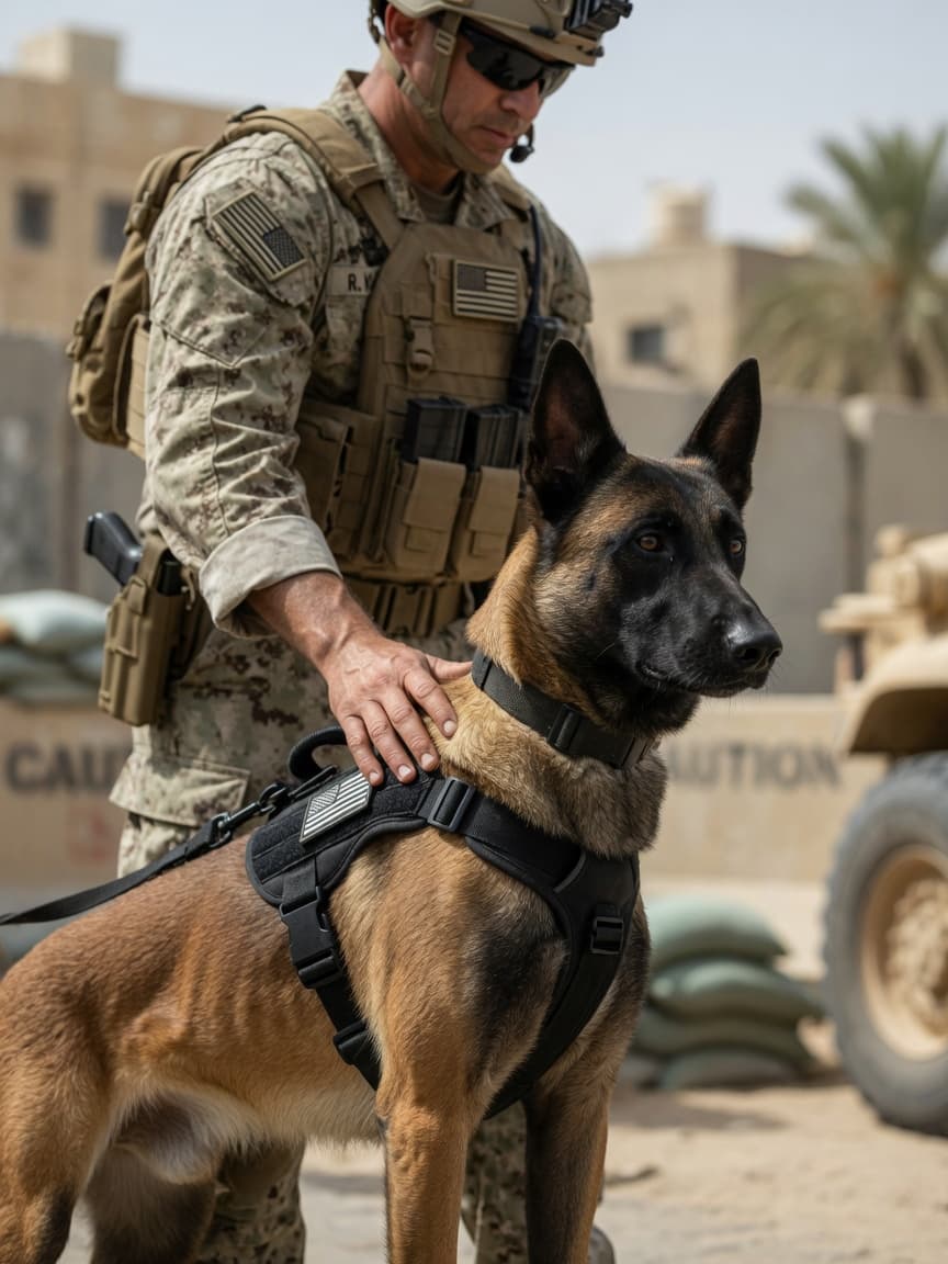 A lean, fawn-coated Belgian Malinois in tactical harness standing alert beside a uniformed US military handler during an operational patrol.