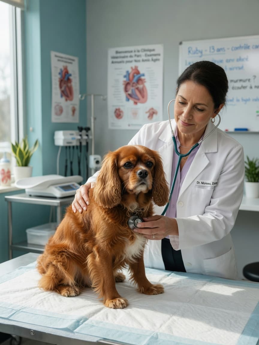 Veterinarian performing cardiac auscultation on a small dog using a stethoscope during heart examination
