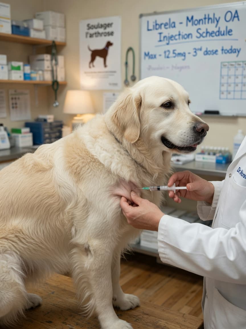 Veterinarian administering a subcutaneous Librela injection to a calm golden retriever's shoulder during a monthly treatment appointment