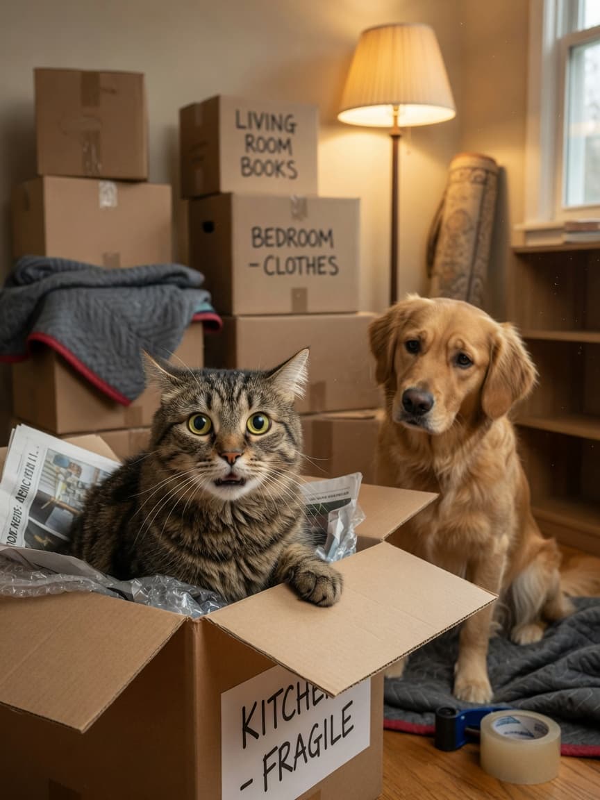 Anxious tabby cat in a cardboard box during a home move with golden retriever nearby