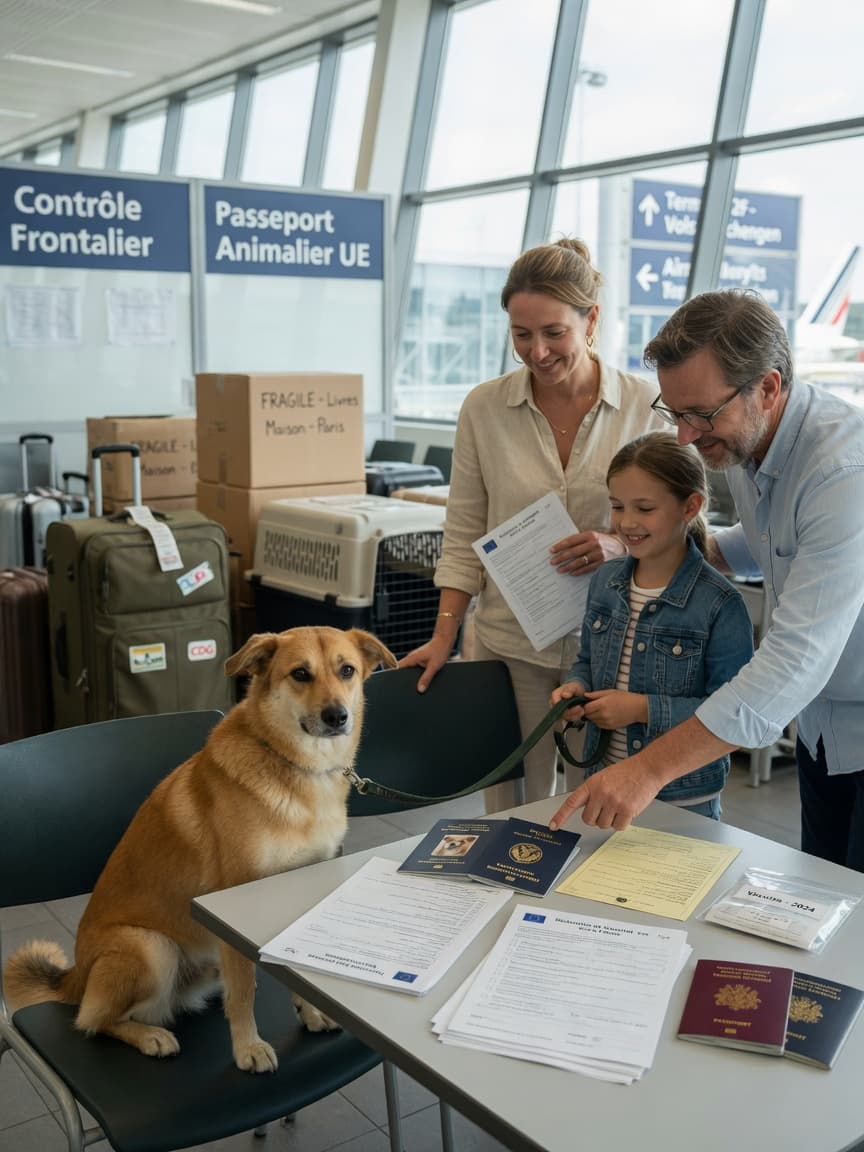 Expat family with brown and cream mixed-breed dog at travel checkpoint with EU Pet Passport documents and luggage, beginning relocation to France