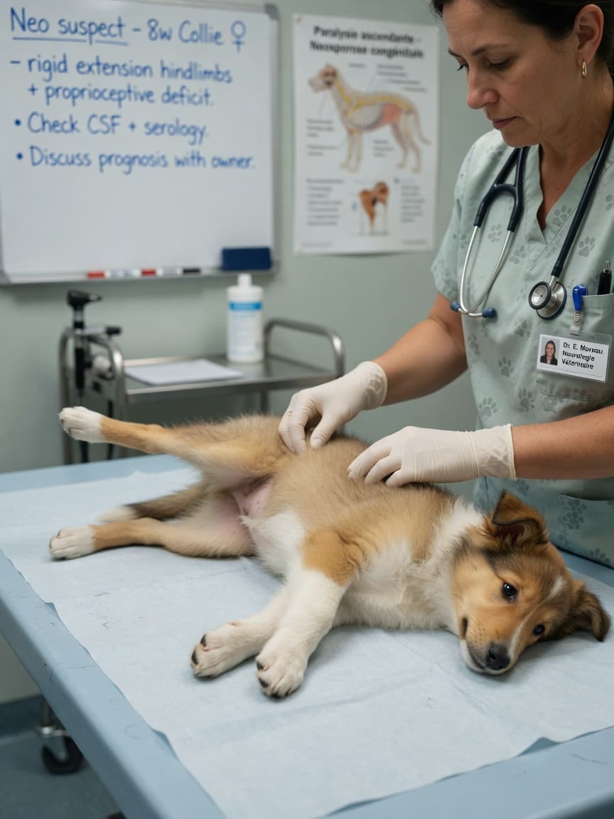Young Collie puppy with rigid hind limbs during veterinary neurological examination