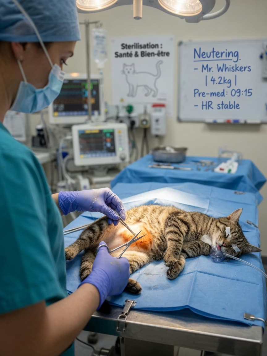 Veterinarian performing neutering surgery on a cat under surgical lights in an operating room
