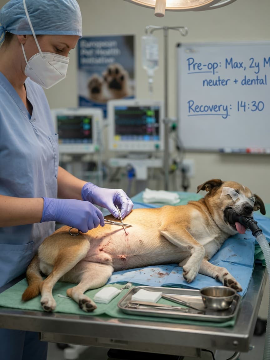 Veterinary surgeon performing neutering surgery on an anesthetized dog in an operating theater