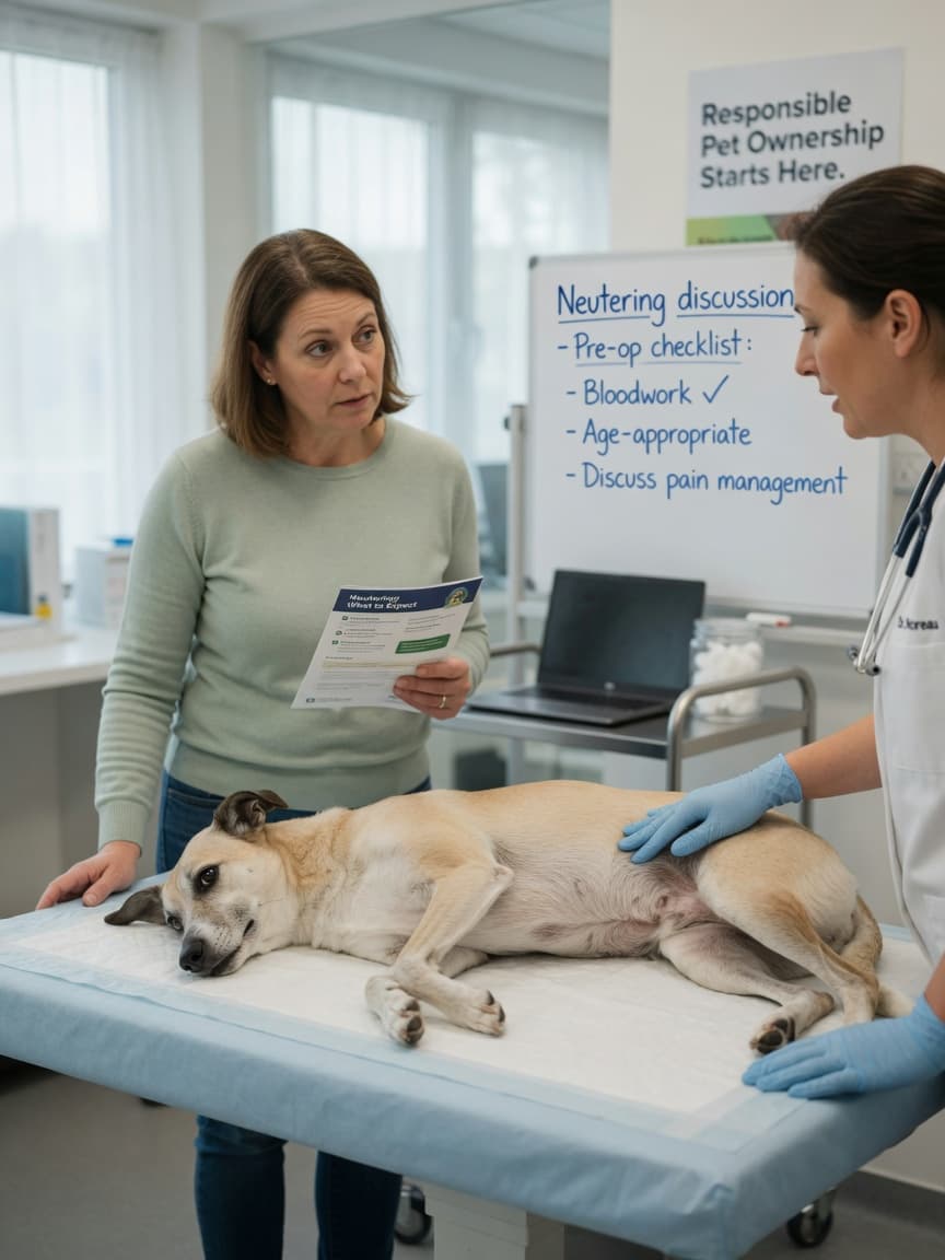 Male dog on veterinary examination table during neutering consultation with vet and owner