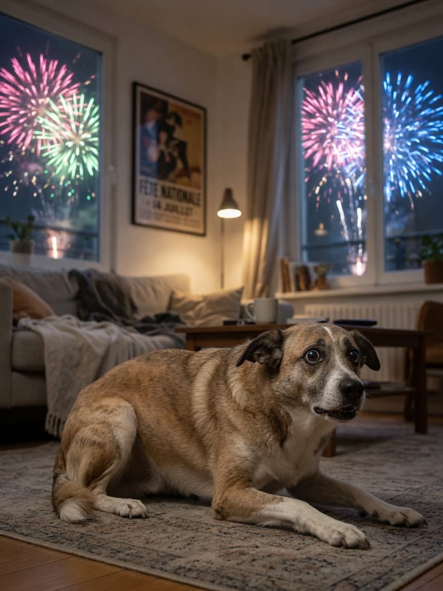 Frightened dog trembling during fireworks, ears back, showing signs of panic and noise phobia