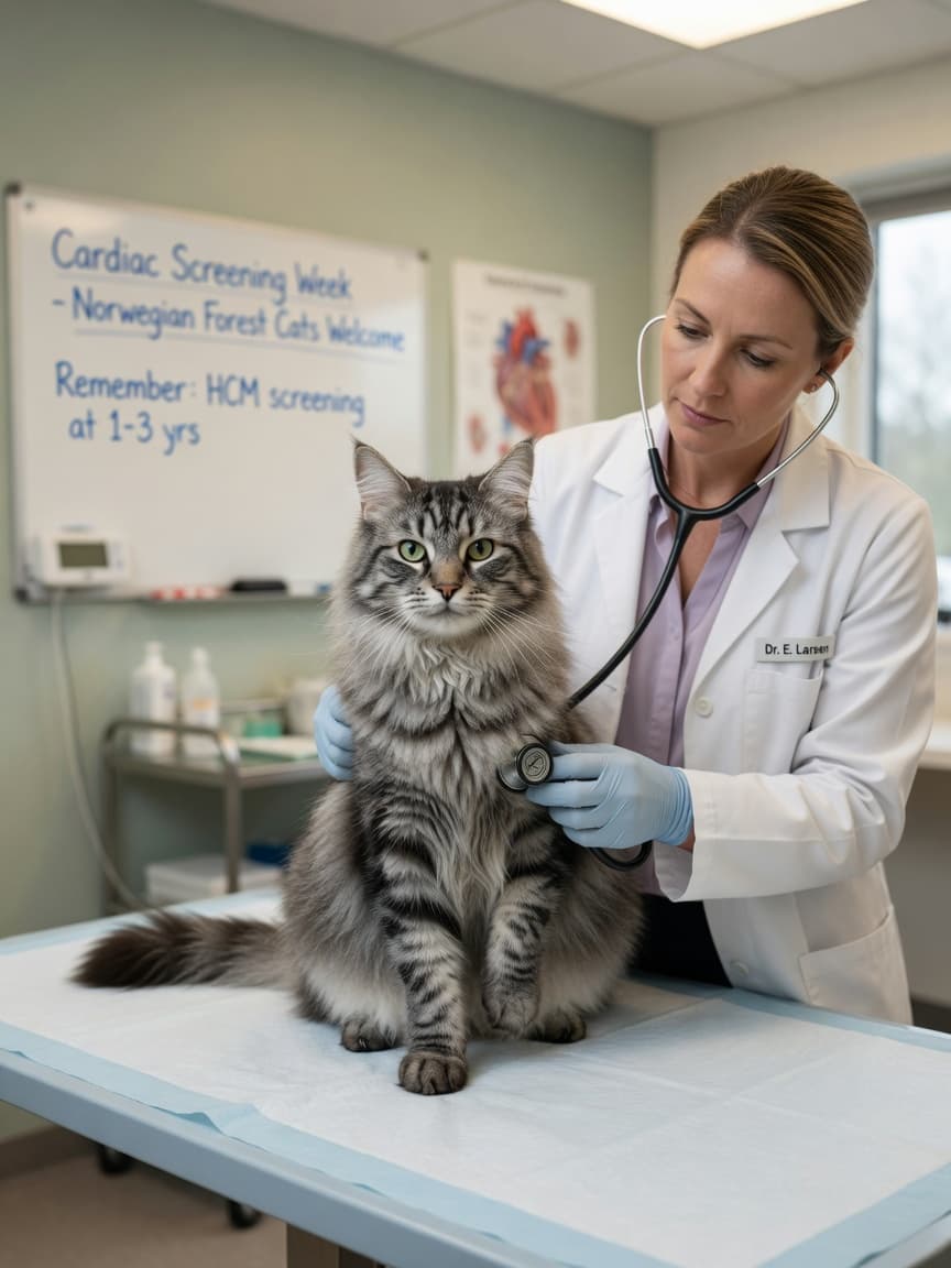 Norwegian Forest Cat undergoing cardiac auscultation screening with a veterinarian