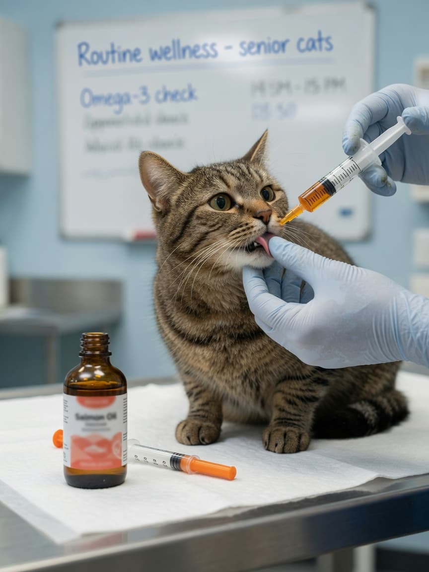 Veterinarian administering omega-3 fish oil supplement to a tabby cat on an exam table with a measuring syringe