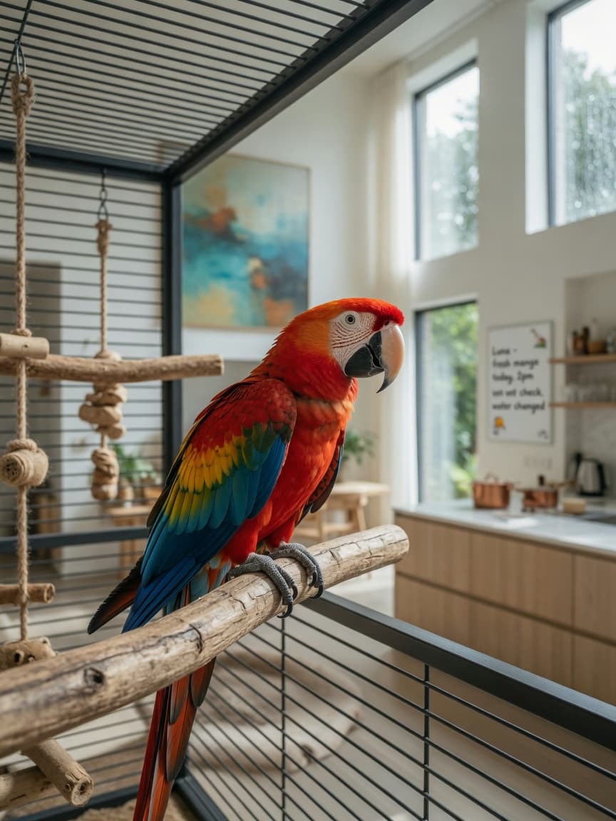 A scarlet macaw with brilliant red feathers and blue-yellow wings perched on a natural wood branch inside a spacious aviary with horizontal bars, positioned in a bright European living room.