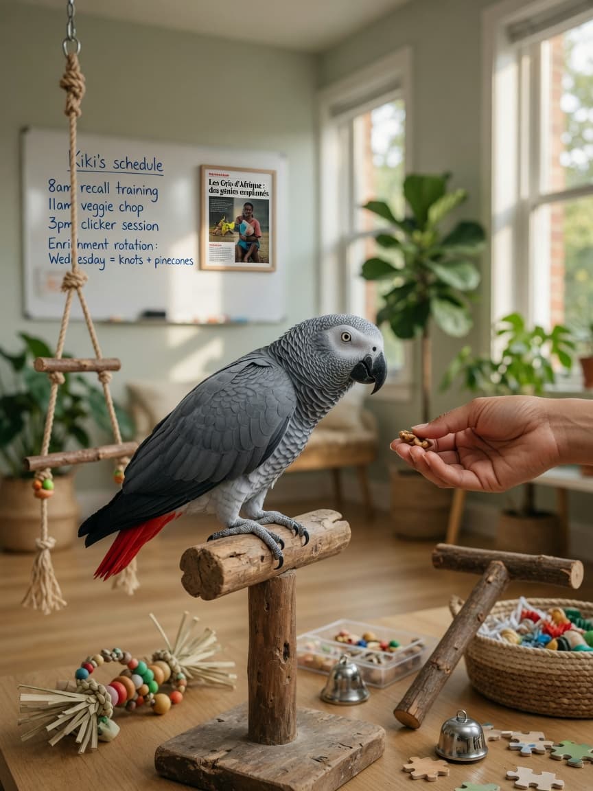 African Grey parrot with red tail feathers on wooden perch, enrichment toys visible, owner's hand reaching toward bird in bright living room
