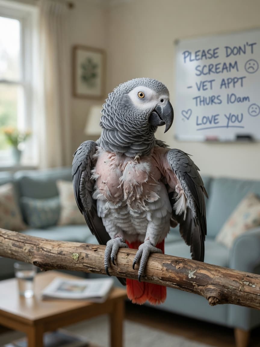 African Grey parrot showing visible feather plucking with bare patches on chest and wings