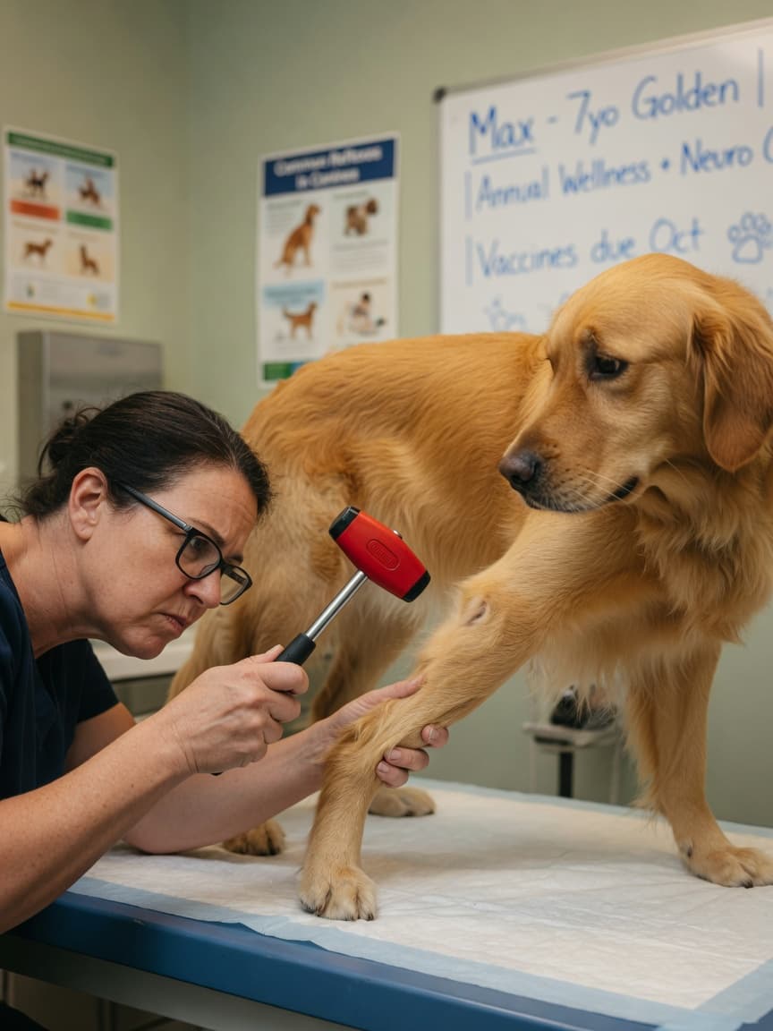 Veterinarian using a reflex hammer to test a golden retriever's patellar reflex during a neurological examination